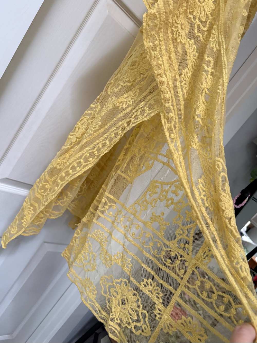 Mustard Yellow Sheer Embroidered Kimono Wrap - Picture 4 of 9